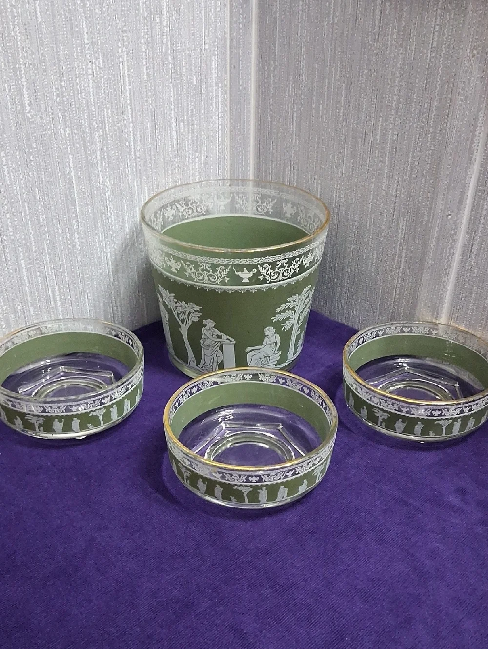 Vintage Jeanette Glass Bowl Set Hellenic Green Jasperware Style Ice Dessert